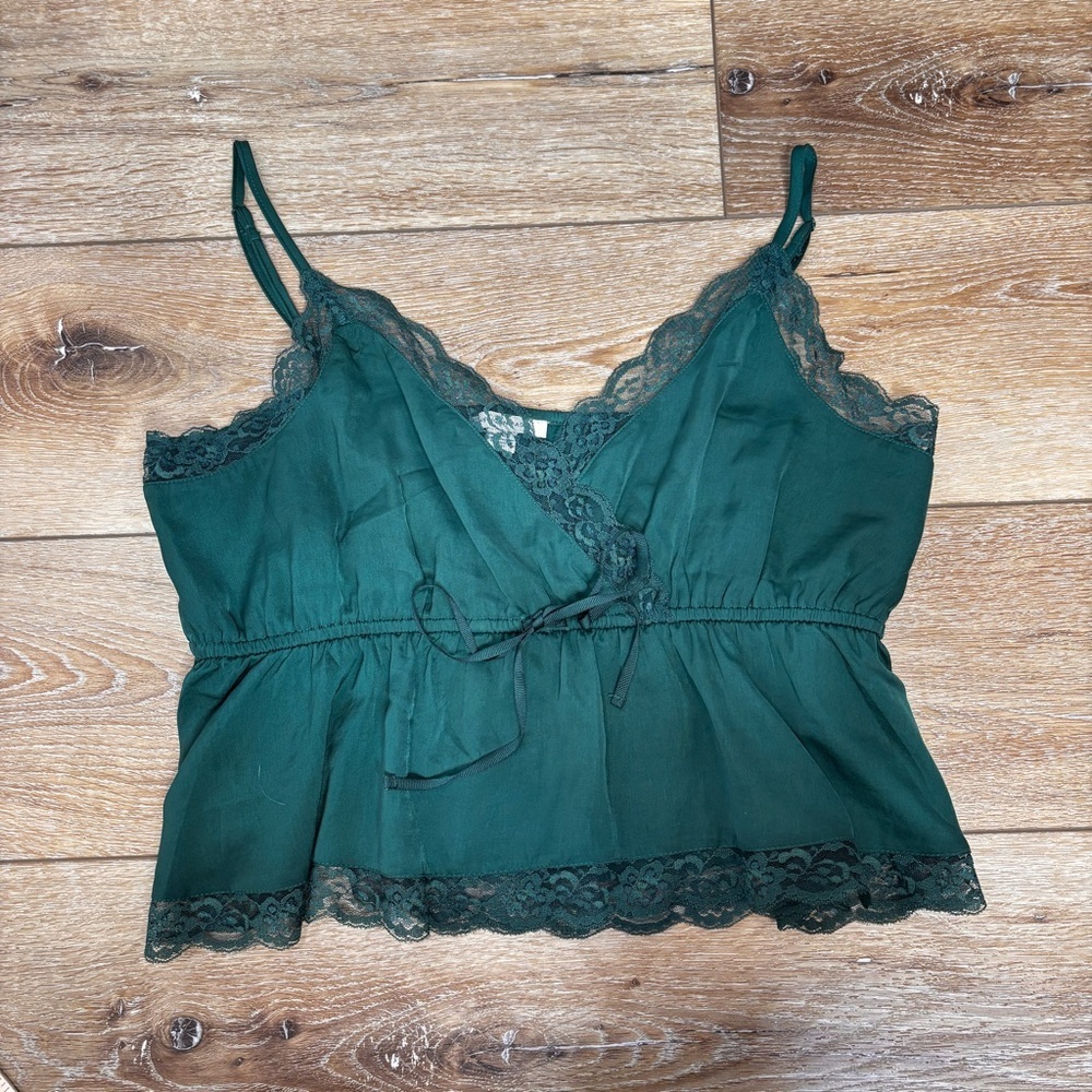American Eagle Lace Cami Forest Green Cropped Babydoll Top Size Large Satin NWOT - Picture 9 of 11